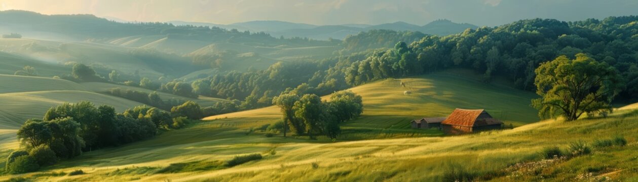 Scenic countryside landscape with rolling hills, lush greenery, and a small farmhouse nestled amidst trees under a clear sky.