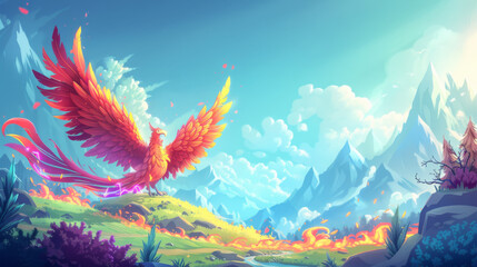 Stunning illustration of a majestic phoenix in a vibrant fantasy landscape, symbolizing rebirth and strength.
