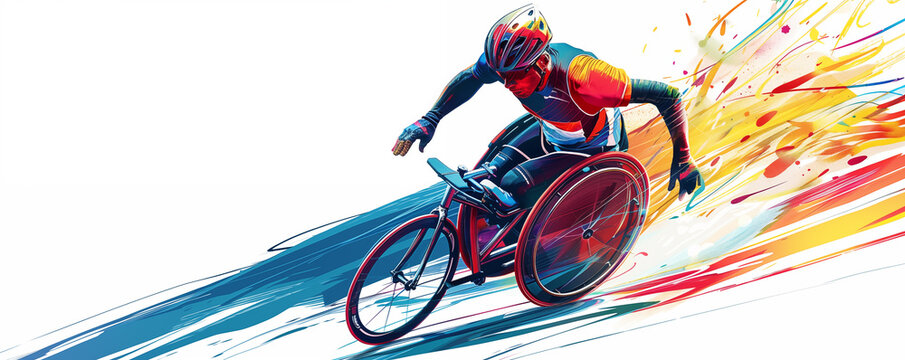 A dynamic digital illustration of a paralympic cyclist, wearing vibrant gear and riding on a white background, with bold lines and energetic colors, focusing on the face. Paralympic games 2024.
