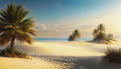 trees on the beach, 3D rendering, 3D illustration, sunset time, for background use purpose.