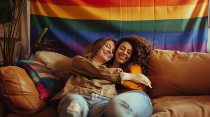 Obraz premium Sofa Symphony: A Mesmerizing Portrait of Same-Sex Love, Where Two Women Embrace the Warmth and Intimacy of Their Cozy Home Environment, Enlivened by Rainbow Pride