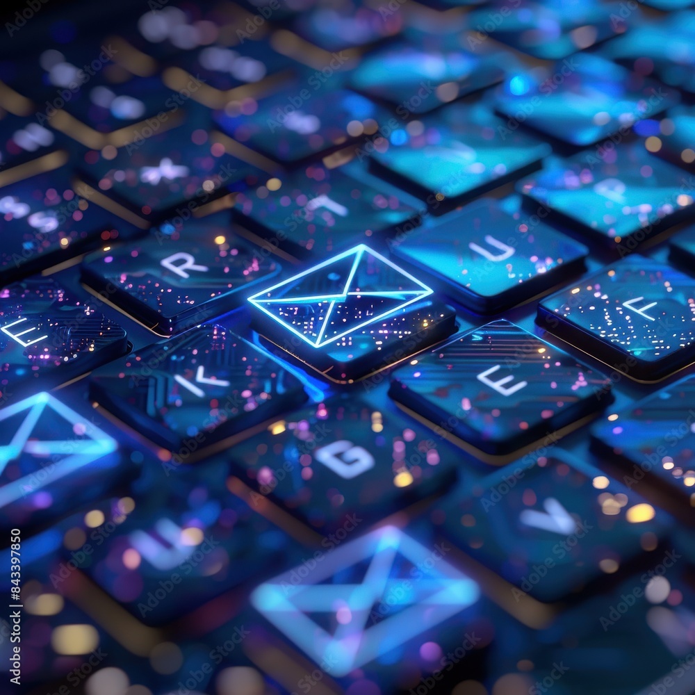 Poster a close-up of a futuristic keyboard with glowing, illuminated keys, emphasizing technology and digit