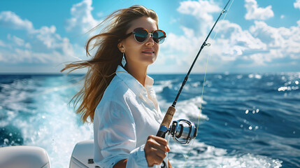 Elegant Woman Reeling in a Fish on a Premium Fishing Boat