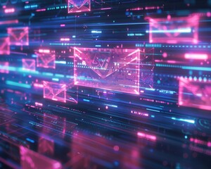 Obraz premium Digital visualization of email communication with neon glowing envelopes on a futuristic tech background, representing data transfer and messaging.