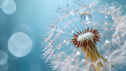 Fototapeta premium Beautiful dew drops on a dandelion seed macro. Beautiful blue background. Large golden dew drops on a parachute dandelion. Soft dreamy tender artistic image form.