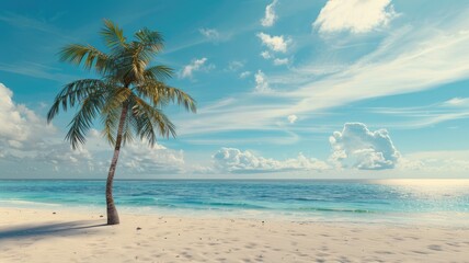 Obraz premium Beautiful palm tree on tropical island beach on background blue sky with white clouds and turquoise ocean on sunny day. Perfect natural landscape for summer vacation, ultra wide format.