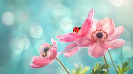 Beautiful pink flowers anemones fresh spring morning on nature with ladybug on blurred soft blue green background, macro. Spring template, free space.
