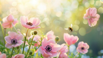 Beautiful pink flowers anemones on meadow and flying bumblebee macro on soft blurry light green background in warm summer in sunshine in nature, bright soulful artistic image, copy space.