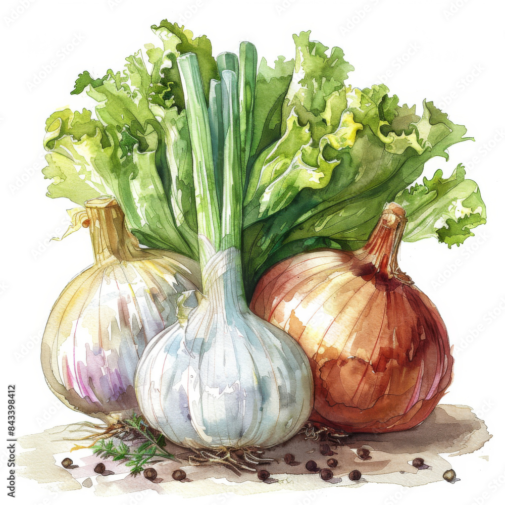 Wall mural Watercolor illustration of fresh garlic, onions, and leafy lettuce arranged together on a white background. - Wall murals