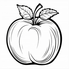 Minimalistic black and white drawing of a peach with leaves, perfect for coloring books and educational resources.