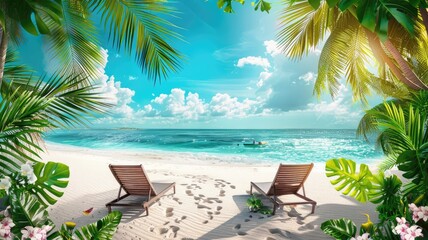 Panorama beautiful beach with white sand, turquoise ocean and blue sky with clouds on Sunny day. Summer tropical landscape with green palm trees and Straw umbrellas with empty copy space - Powered by Adobe