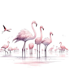 Fototapeta premium A beautiful watercolor illustration of flamingos standing and wading in shallow water, set against a minimalist white background.