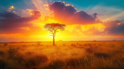 Fototapeta premium /imagine A stunning savanna at sunrise, with the golden light illuminating the grasslands and a lone acacia tree silhouetted against the vibrant sky.