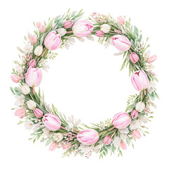 Fototapeta premium Watercolor Pink Tulips, Tulip flower wreath laurel. Decoration for weddings, wedding design, wedding invitation.AI generated art. AI generated art.