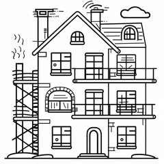 Line art drawing of a house under renovation, featuring scaffolding and architectural details, suitable for coloring pages or construction themes.