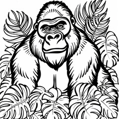 Obraz premium Gorilla illustration surrounded by jungle foliage, suitable for kids' coloring books and educational purposes. Detailed black and white drawing.