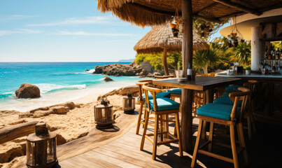 Idyllic beach bar with stools and umbrellas on sandy shore offering a tranquil place for relaxation and socializing with a view of the ocean horizon