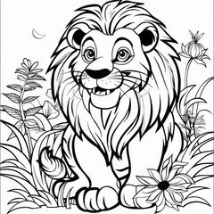 Smiling lion illustration with flowers and foliage, perfect for kids' coloring books and educational materials. Fun and friendly outline drawing.