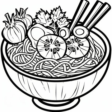 recommend clip art: Intricate coloring page of vegetable ramen noodles, highlighting a healthy and vibrant traditional Asian dish.
