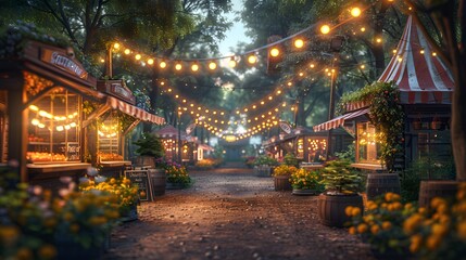 A hyper-detailed real photo showcasing a community gathering with food stalls and patriotic decorations, highlighting the lively interactions and elaborate details of the event.