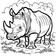 Fototapeta premium Black and white illustration of a rhinoceros in a natural setting, ideal for educational coloring books and wildlife art.