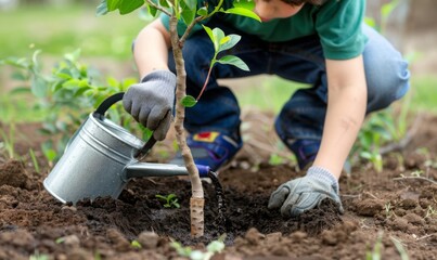 Naklejka premium A boy is planting a small tree