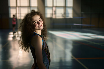 Portrait of a happy girl athlete with a smile on her face, standing in the center of a college gym and looking at the camera, sunlight on the model's face, physical education classes at school