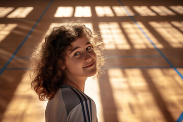 Portrait of a happy high school girl against the backdrop of a college gym, turning around looking at the camera, physical education classes at school