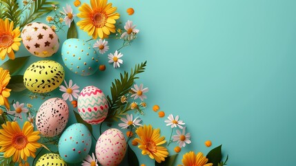 Colorful painted Easter eggs and vibrant spring flowers on a turquoise background, perfect for seasonal greetings and festive celebrations.