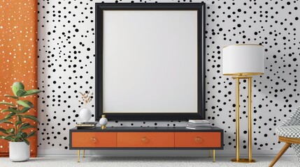 A modern living room with bold patterns, featuring a large framed artwork