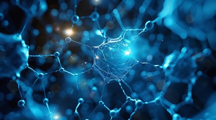 Abstract representation of a blue neural network with glowing particles, symbolizing advanced technology and artificial intelligence.