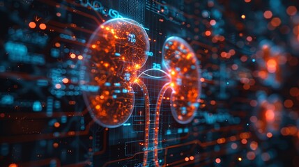 Futuristic digital rendering of human kidneys with vibrant lights and data elements, symbolizing medical technology and biological research.