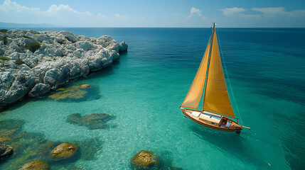 A dinghy sailing gracefully across calm, clear blue sea water