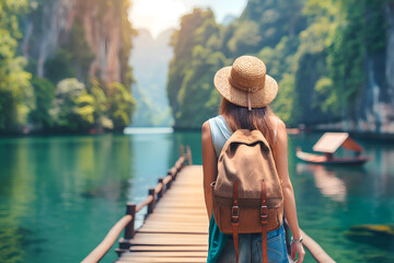 Obraz premium Back view of a traveler woman with backpack at beautiful island