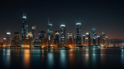 Fototapeta premium Panoramic night view, modern city skyline ablaze with lights, a spectacle of urban elegance and energy.