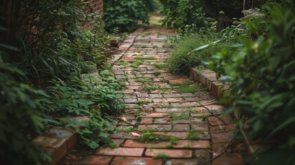 Brick Pathway Through Lush Greenery in a Backyard Garden