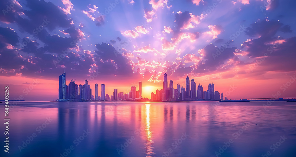 Wall mural cinematic view of downtown of a modern city along the banks of a lake at sunset - Wall murals