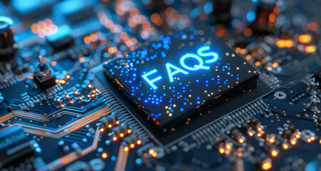 FAQs icon in blue lights engraved on a microprocessor, concept of FAQs sticker for frequently asked questions or general help/assistance
