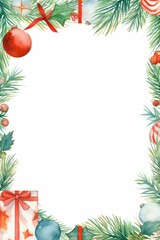 christmas themed frame or border for photos . with gift boxs and christmas element. watercolor illustration, Merry christmas card. Winter holiday theme. Happy New Year. Space for text.