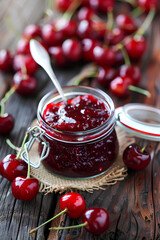 Cherry jam - Close up photo of a jar with homemade cherry jam, surrounded by cherries on a wooden table, in the style of unsplash photography.

