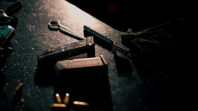 top shot close up a professional shooting range on a black table gun shop professional equipment introductory briefing