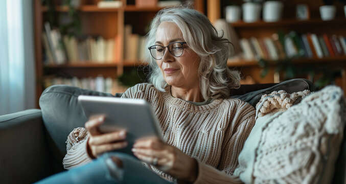 A mature woman sitting on a couch in her house and looking at a digital tab in her hands, concept of older people exploring internet on a digital pad