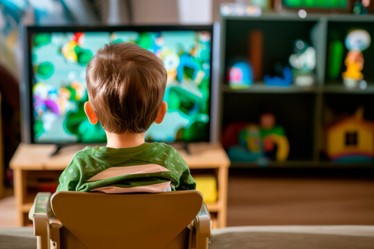 Back view image of cute little boy sitting on kids chair and watching TV.