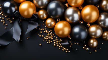 Gold and black baubles with Christmas copy space background
