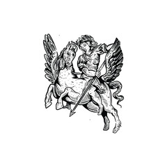 Vintage sketch art mythical Greek god hero riding Pegasus with spear vector illustration