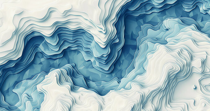 Abstract painting of contour trenches on a hilly structure with banks of small lake
