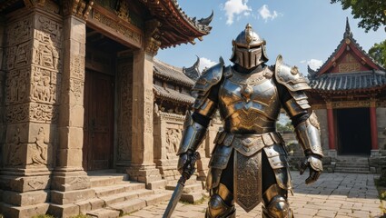 Fototapeta premium Medieval Knight in Front of Asian Temple