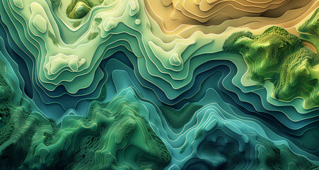Abstract painting of contour trenches with green grass bushes and banks of small lake