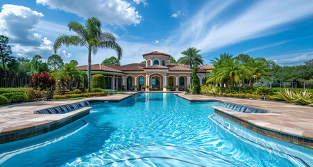High-end villa with a clean swimming pool on a sunny day with clear and blue sky 