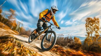An image of a mountain biker navigating a challenging trail, portraying the adrenaline-fueled excitement of downhill mountain biking. Generative Ai